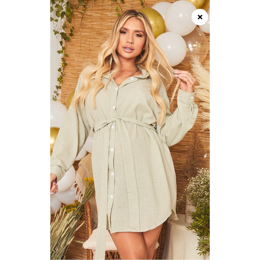 Maternity Sage Green Checked Oversized Tie Waist Shirt Dress
